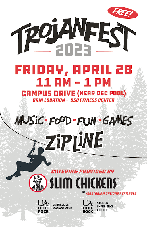 Trojan Fest flyer. Music, food, fun games, Zipline. Catering provided by Slim Chickens.
